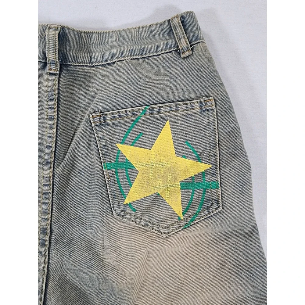 Unbranded Star Patch Jeans 28x27 Blue Denim Distressed Raw Hem Streetwear Clout